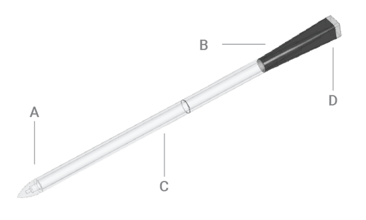 תרשים החיישן של MEATER Plus עם ארבעה סימונים, A עד D, המוסברים ברשימה שלצד התרשים
